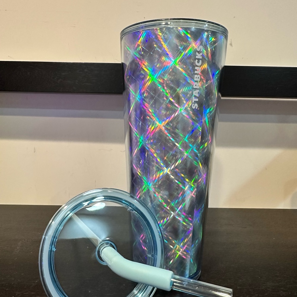 Starbucks Silver Metallic Holographic Star Checkered Slant Straw Cup 2024 - Picture 9 of 9